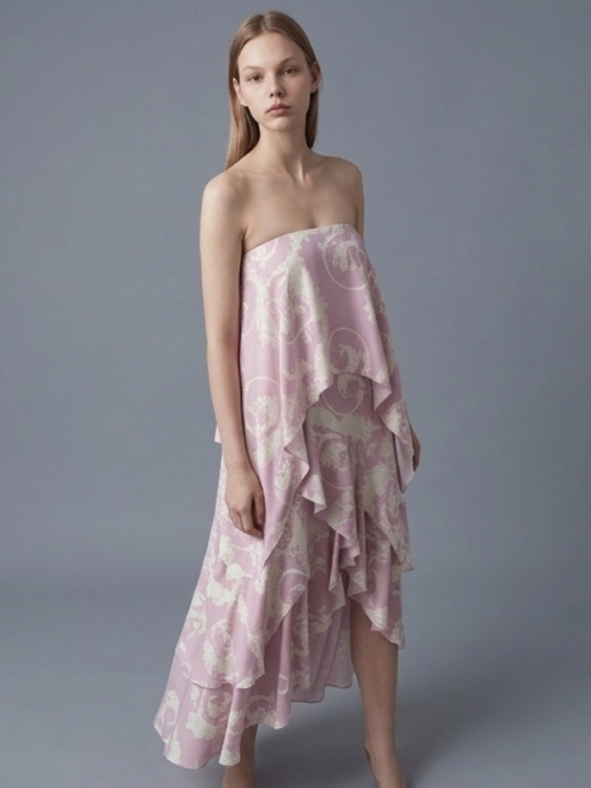 Blush Pink Draped Strapless Dress – Asymmetric Layered Design