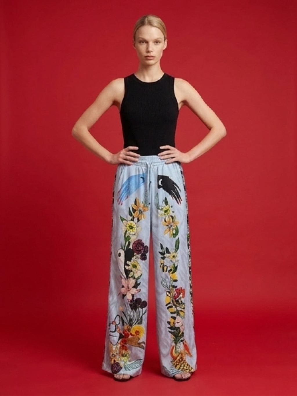 Printed Wide Leg Pants – Light Blue