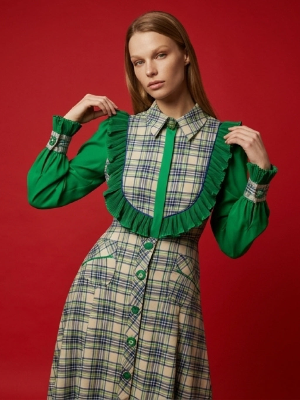 Luxury Vintage Plaid Two-Piece Set – Ruffle Blouse & Midi Skirt