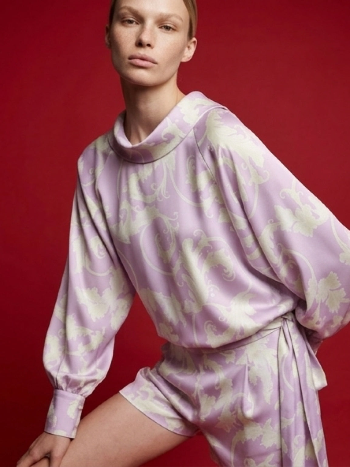 Satin Printed Draped Blouse – Lilac