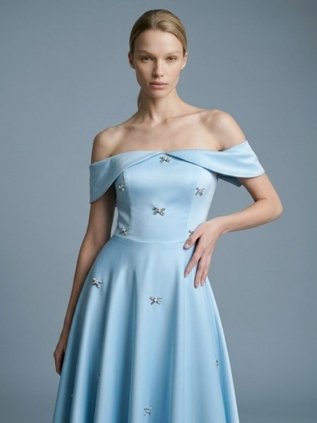 Elegant Off-Shoulder Baby Blue Midi Dress