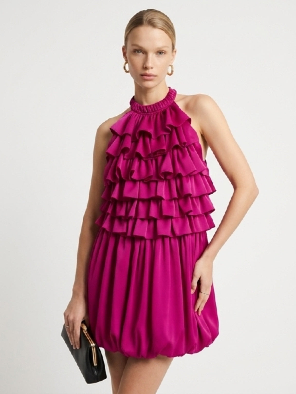 Elegant Layered Ruffle Mini Dress – Bold Pink Party Look