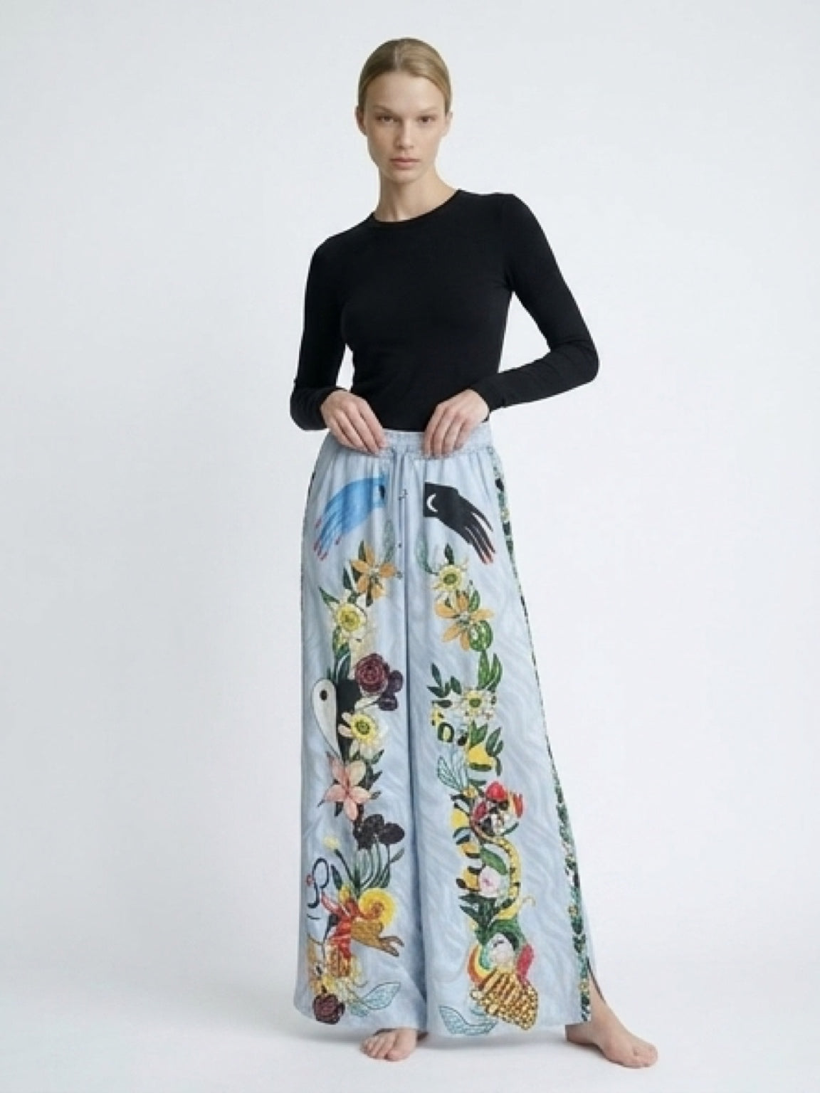 Printed Wide Leg Pants – Light Blue