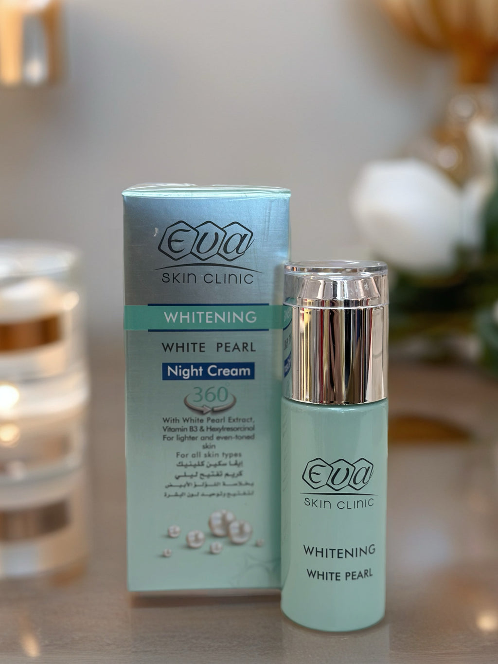 EVA Skin Clinic Whitening White Pearl Night Cream 360°
كريم وايت بيرل الليلي للتفتيح من إيفا