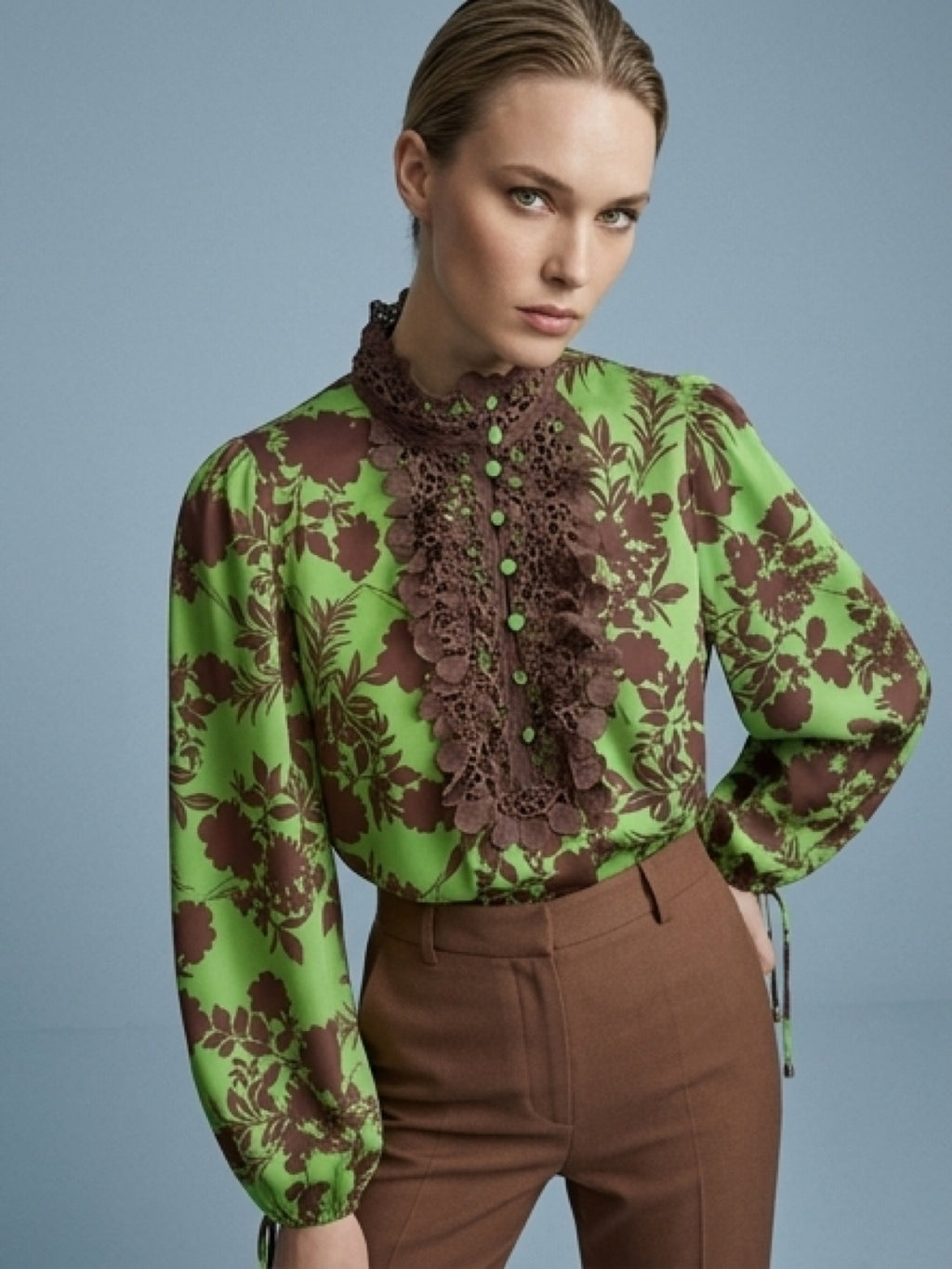 Floral Lace Detail Blouse – Green & Brown