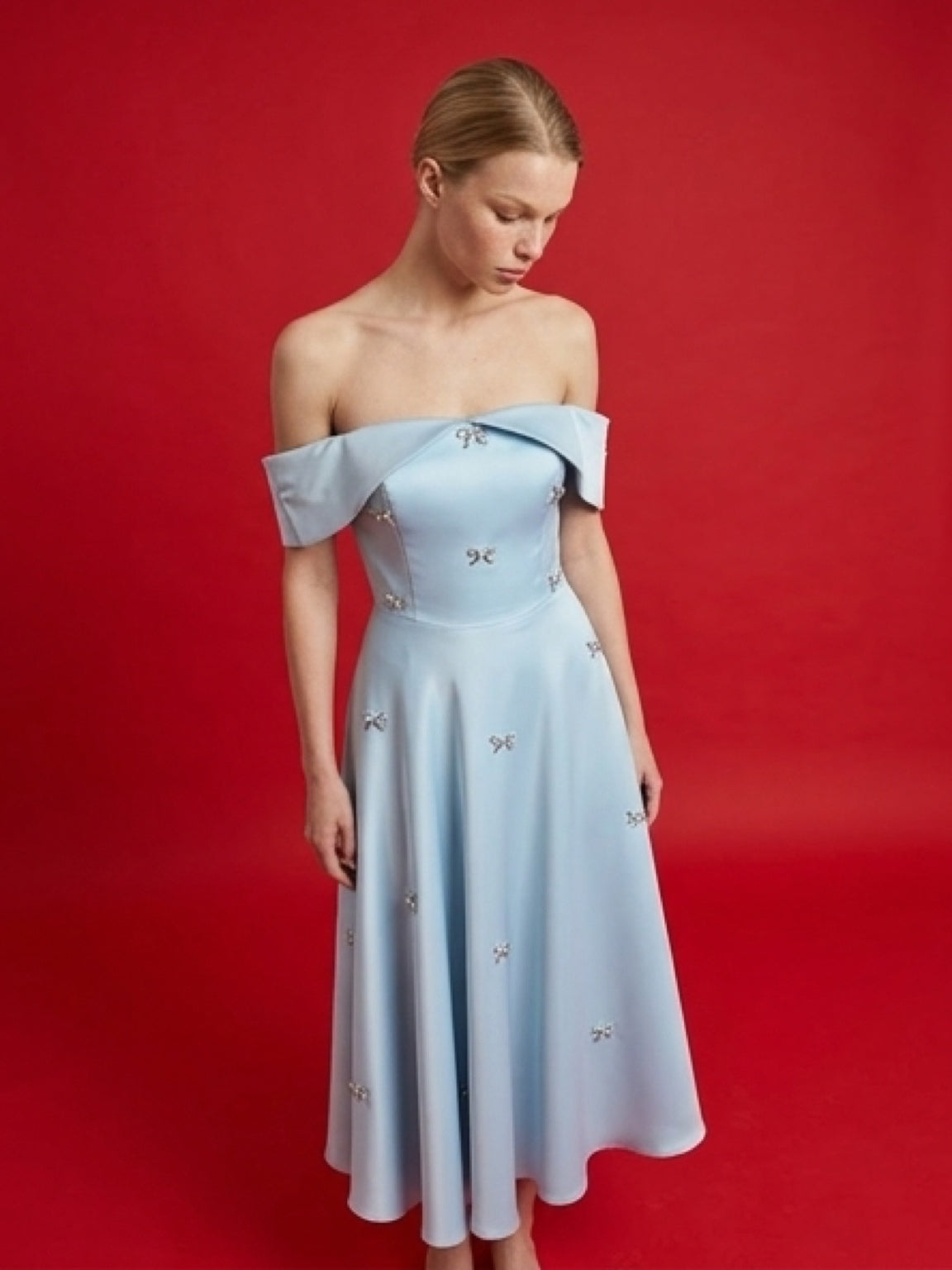 Elegant Off-Shoulder Baby Blue Midi Dress