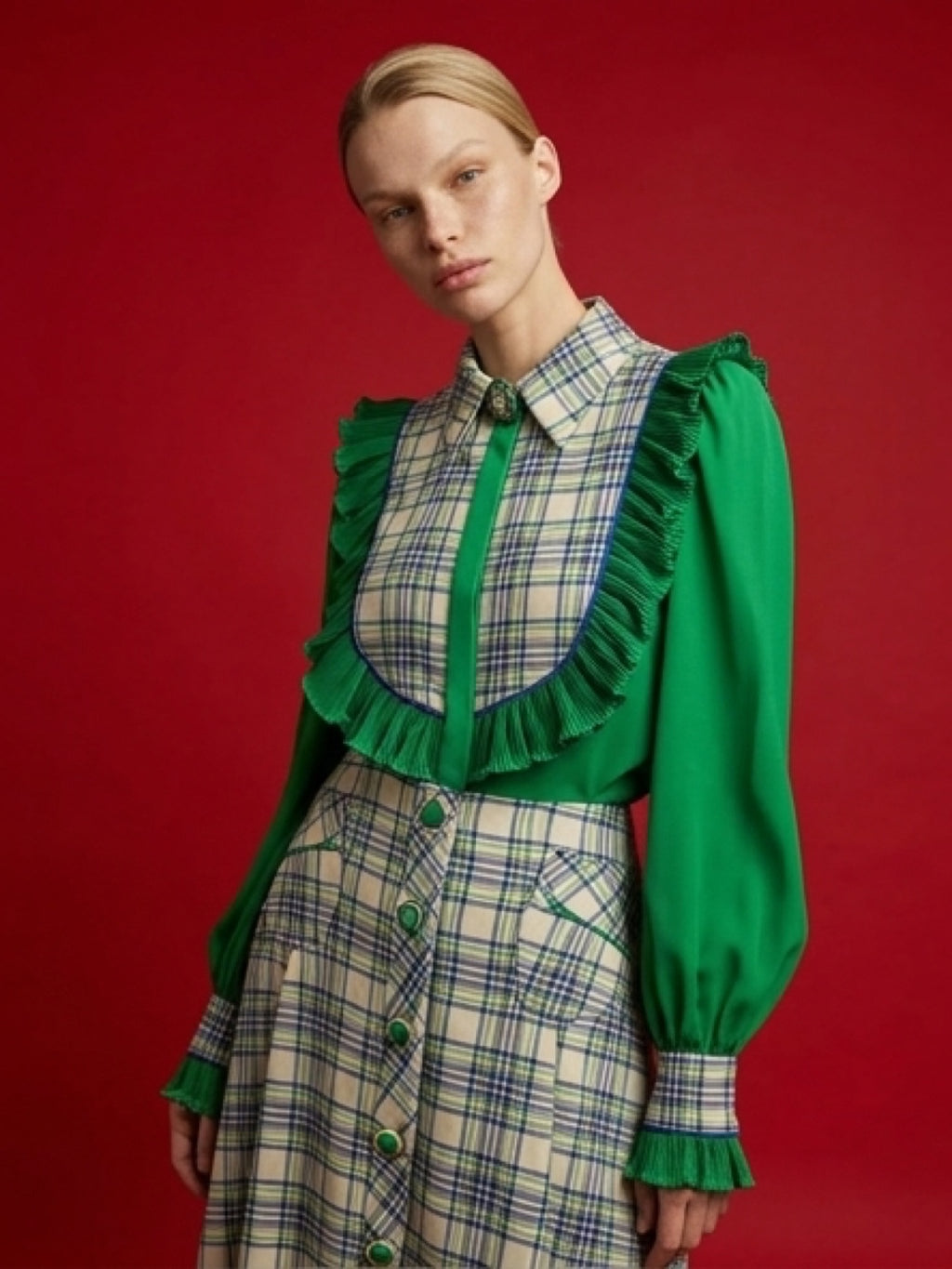 Luxury Vintage Plaid Two-Piece Set – Ruffle Blouse & Midi Skirt