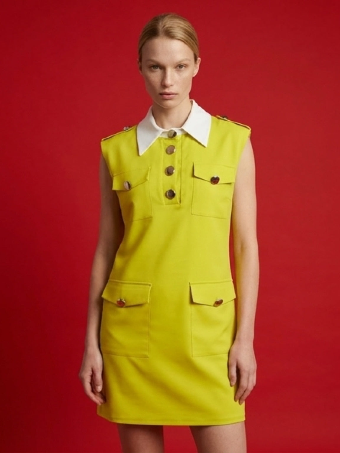 فستان ميني أنيق بأزرار معدنية وجيوب – Lime Green