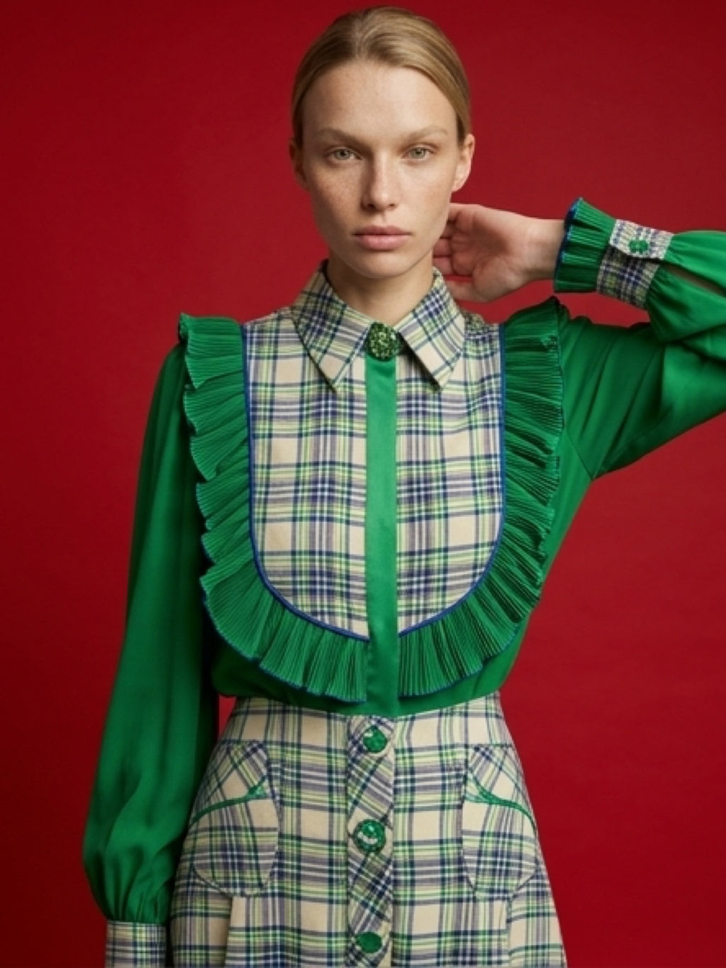 Luxury Vintage Plaid Two-Piece Set – Ruffle Blouse & Midi Skirt