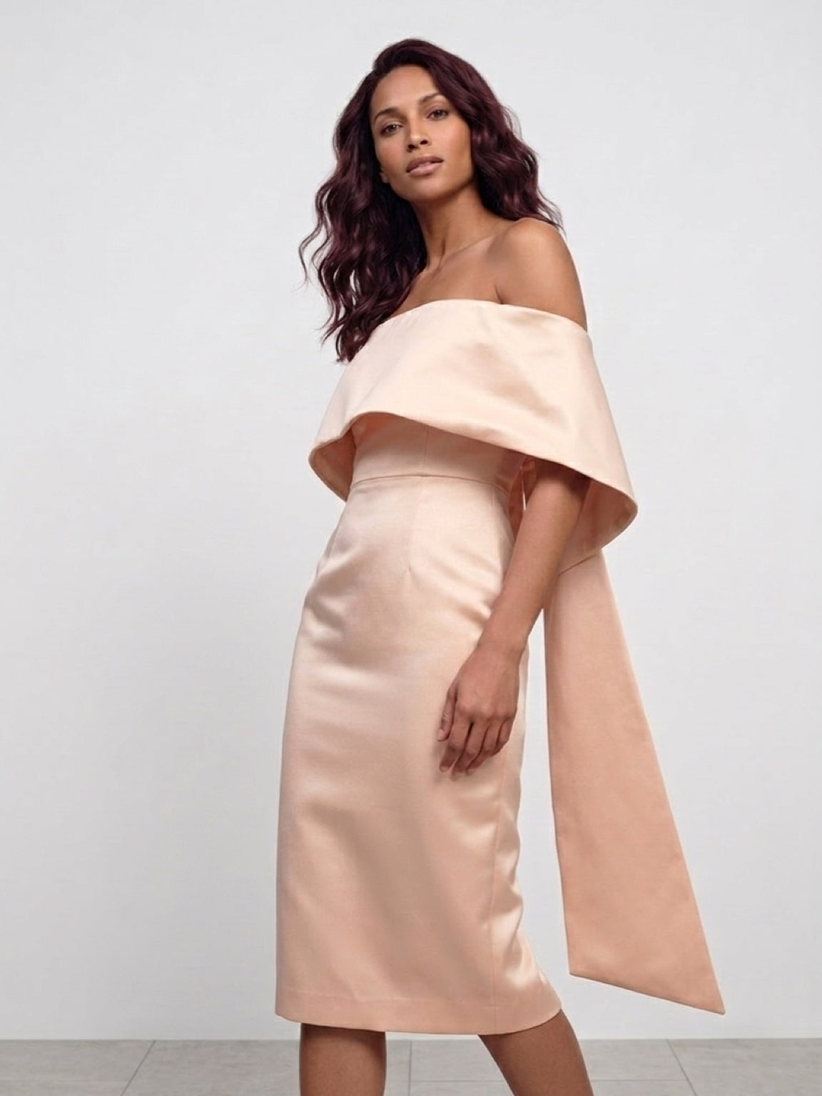 Elegant Nude Off-Shoulder Midi Dress – Structured Minimal Design
