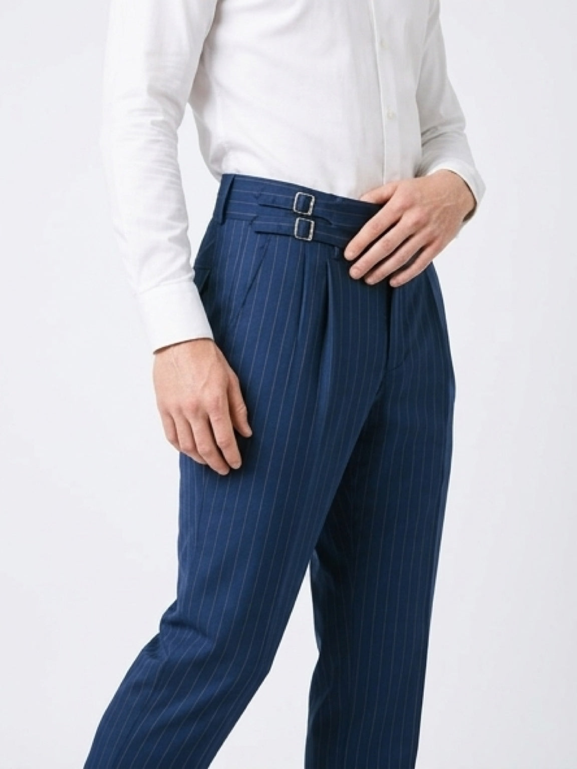 بنطلون رجالي رسمي مخطط – أزرق كحلي | Pinstripe Smart Trousers