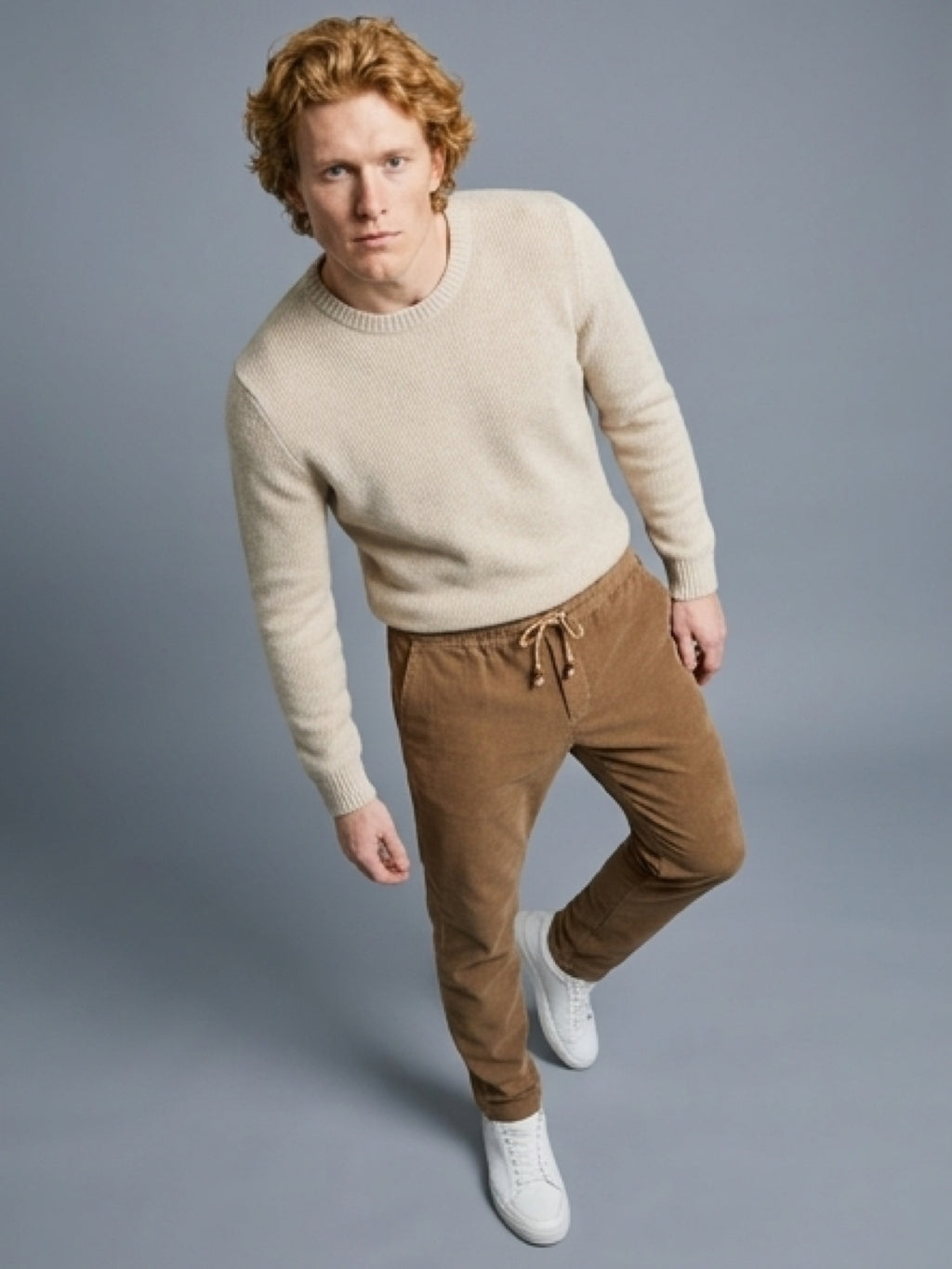 بنطلون رجالي كوردروي ناعم بني – قصة سليم بخصر مطاطي ورباط Adjustable Fine Corduroy Pants