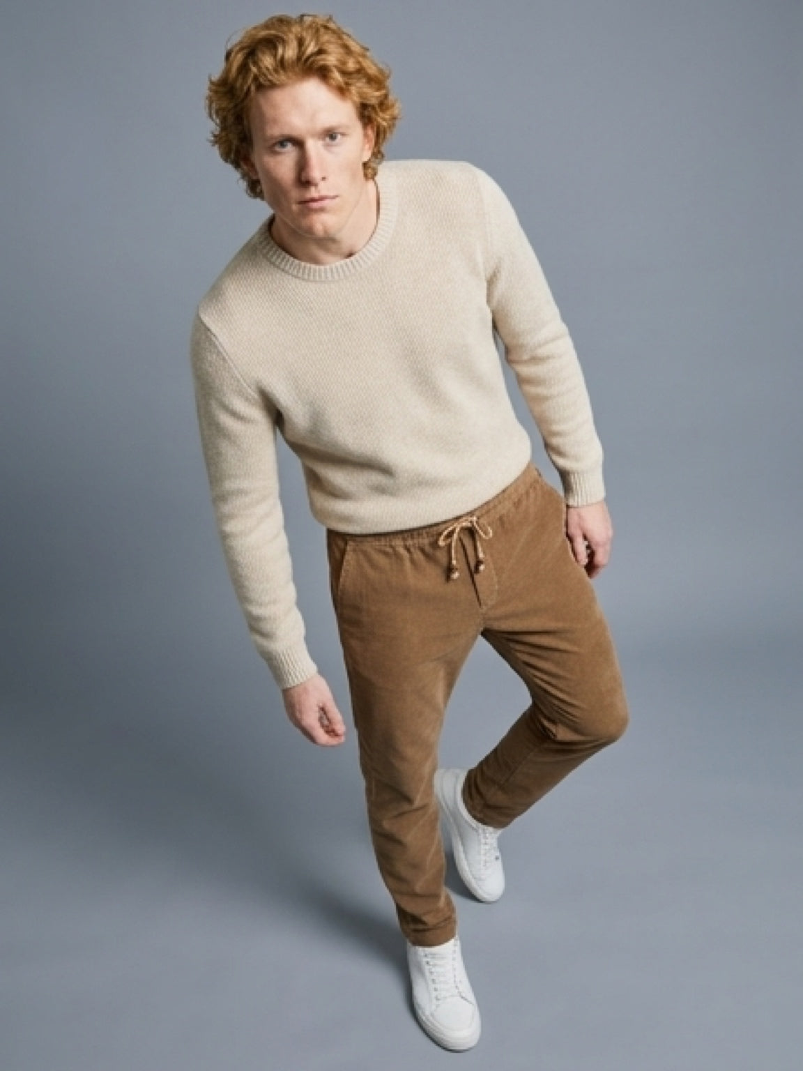 بنطلون رجالي كوردروي ناعم بني – قصة سليم بخصر مطاطي ورباط Adjustable Fine Corduroy Pants