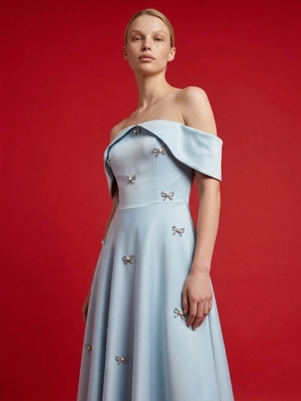 Elegant Off-Shoulder Baby Blue Midi Dress