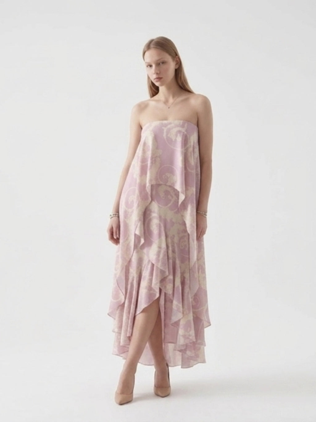 Blush Pink Draped Strapless Dress – Asymmetric Layered Design