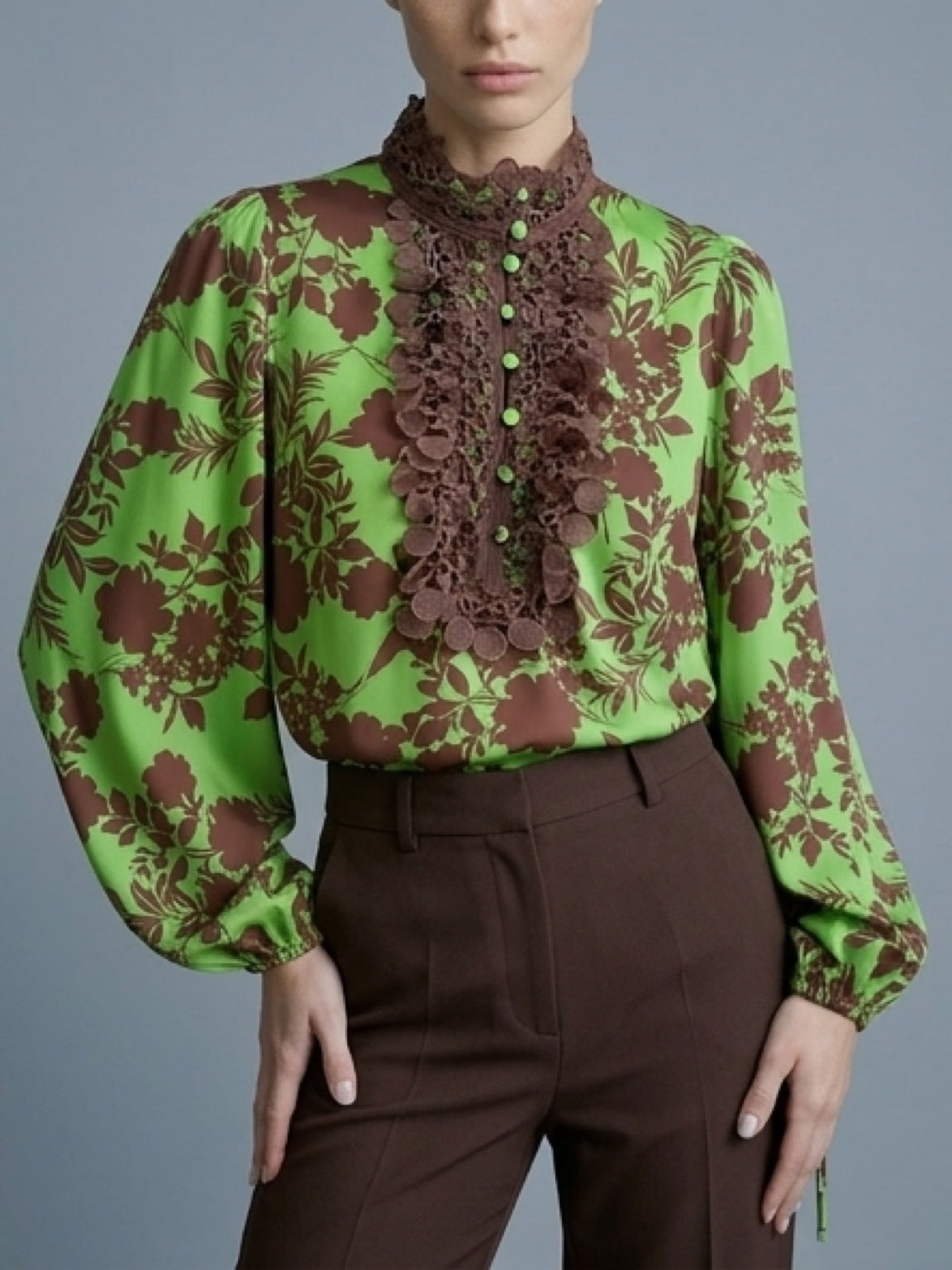 Floral Lace Detail Blouse – Green & Brown