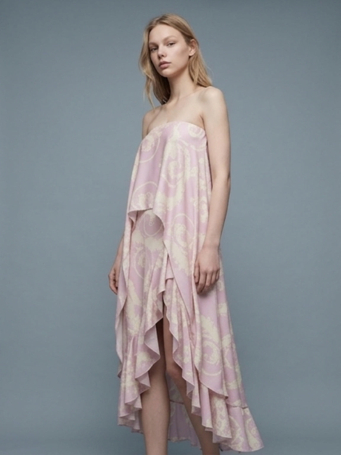 Blush Pink Draped Strapless Dress – Asymmetric Layered Design
