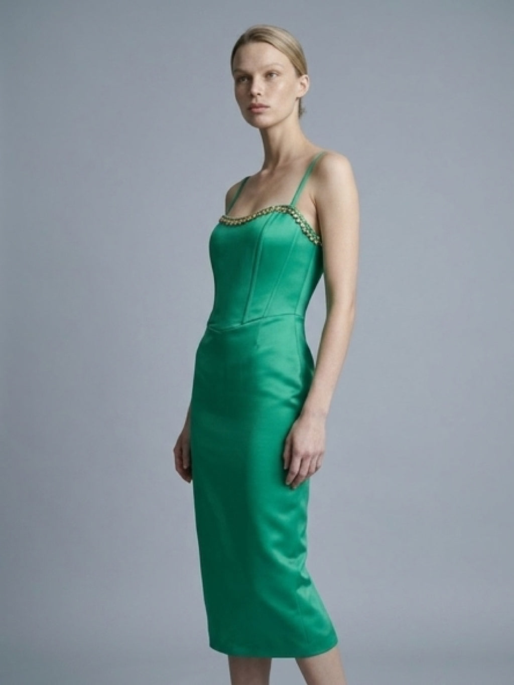 Sculpted Emerald Satin Dress