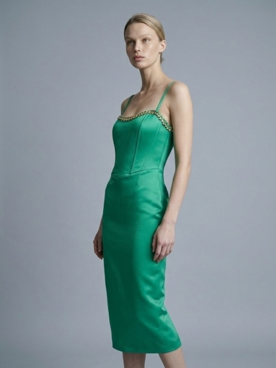 Sculpted Emerald Satin Dress