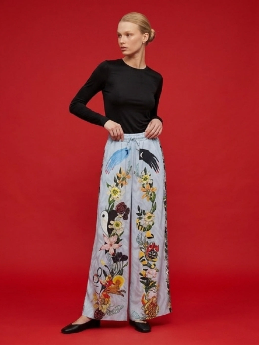 Printed Wide Leg Pants – Light Blue