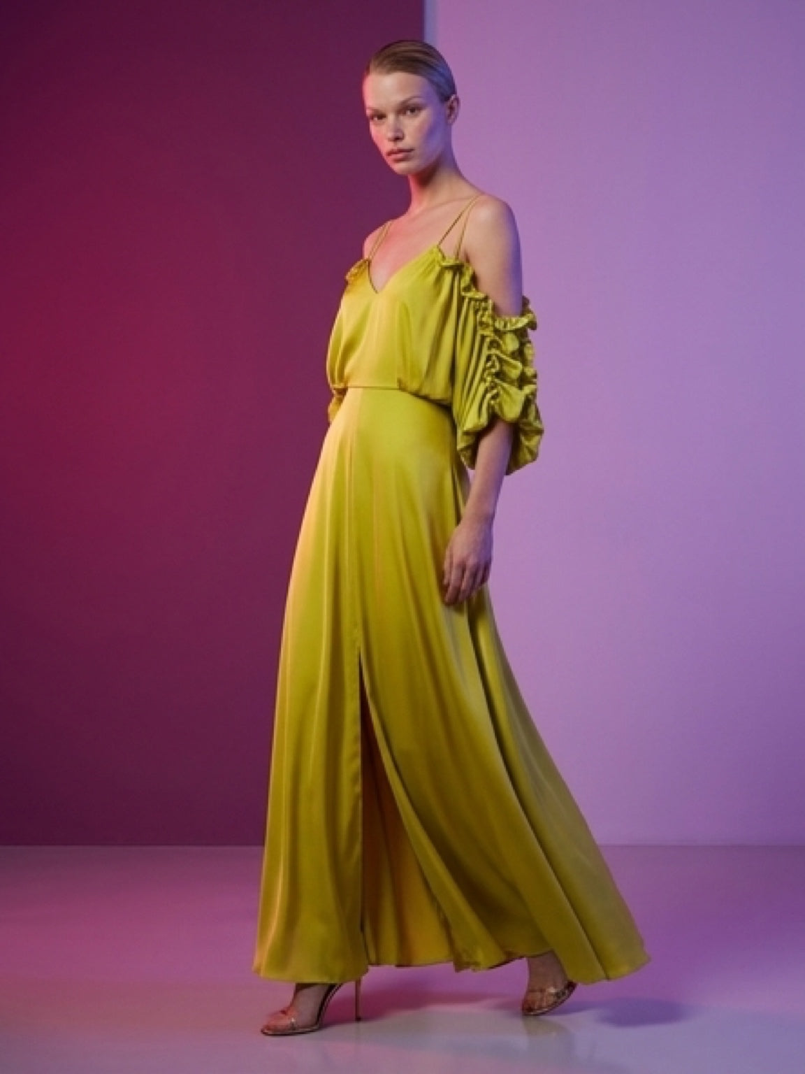 Lime Silk Off-Shoulder Gown