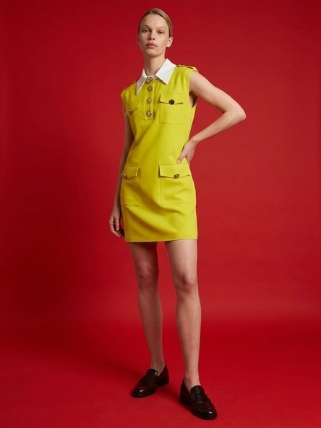فستان ميني أنيق بأزرار معدنية وجيوب – Lime Green