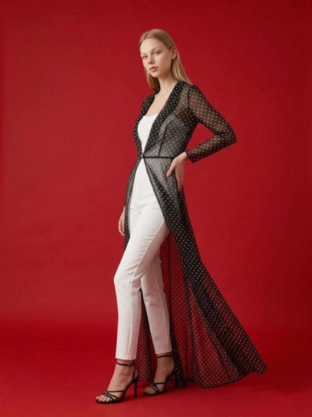 White Jumpsuit with Sheer Polka Dot Long Shirt – 2 Piece Set
