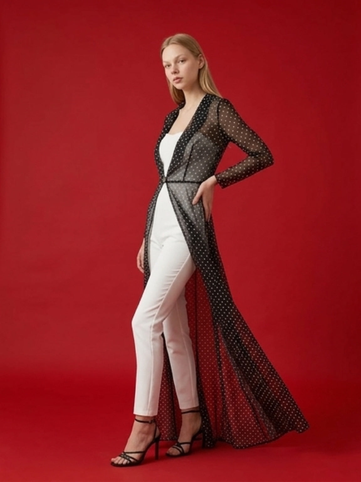 White Jumpsuit with Sheer Polka Dot Long Shirt – 2 Piece Set
