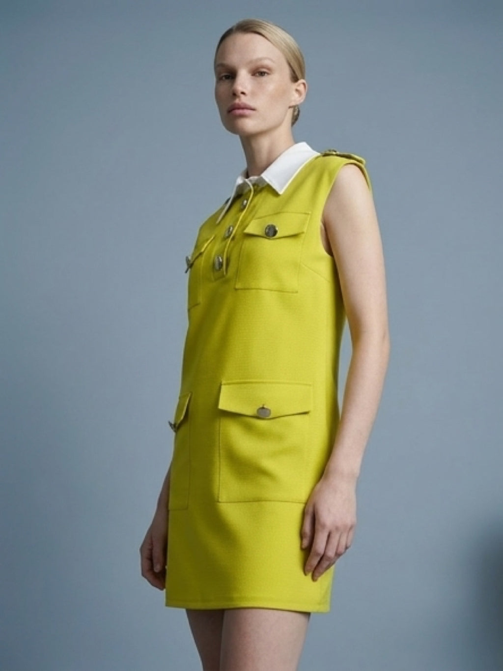 فستان ميني أنيق بأزرار معدنية وجيوب – Lime Green