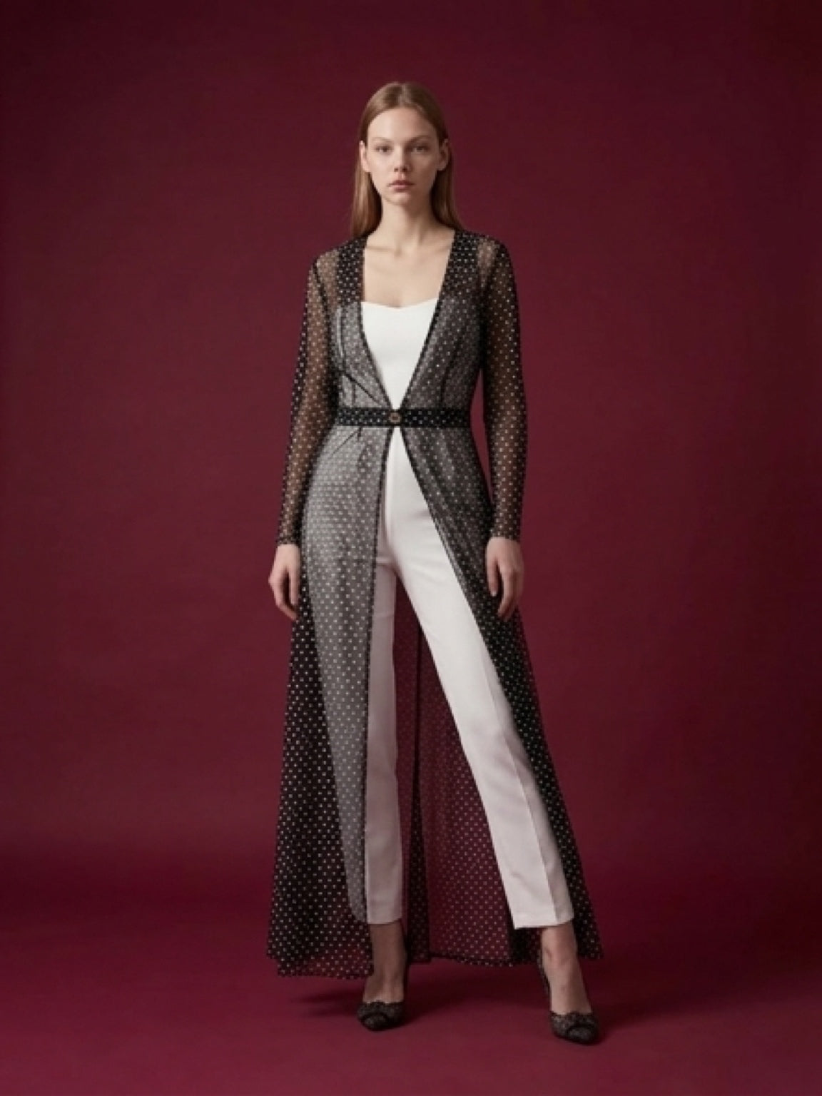 White Jumpsuit with Sheer Polka Dot Long Shirt – 2 Piece Set