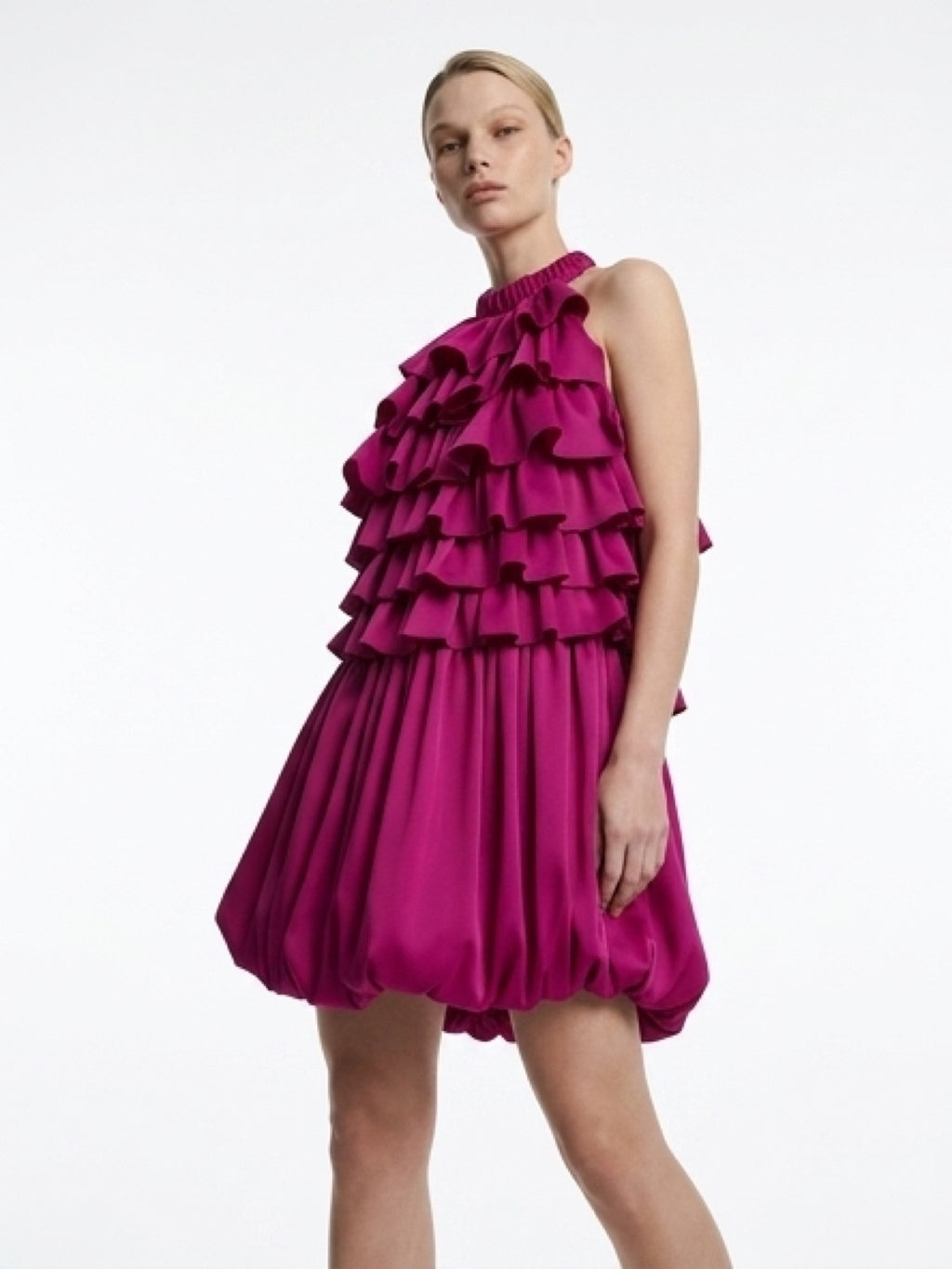 Elegant Layered Ruffle Mini Dress – Bold Pink Party Look