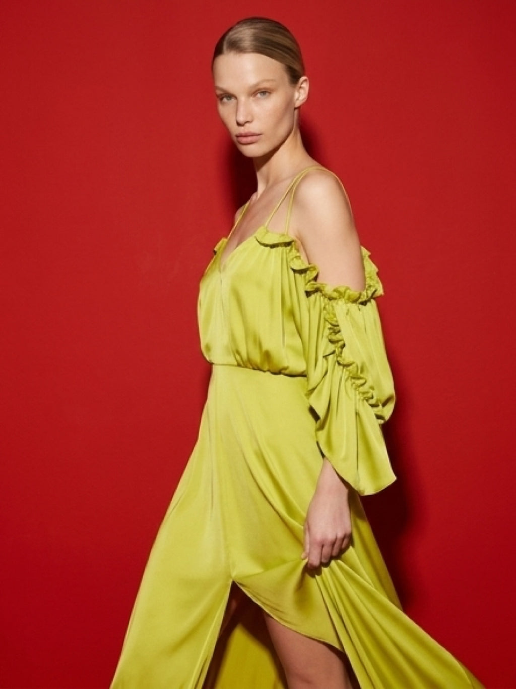 Lime Silk Off-Shoulder Gown