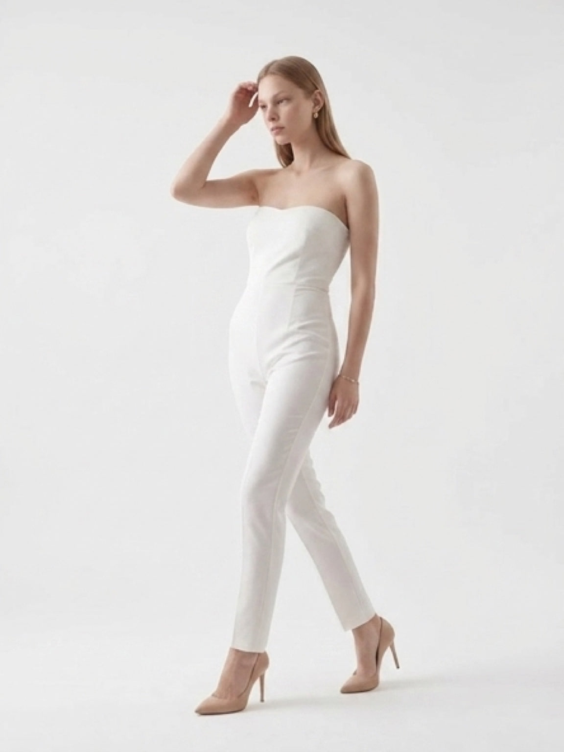White Jumpsuit with Sheer Polka Dot Long Shirt – 2 Piece Set