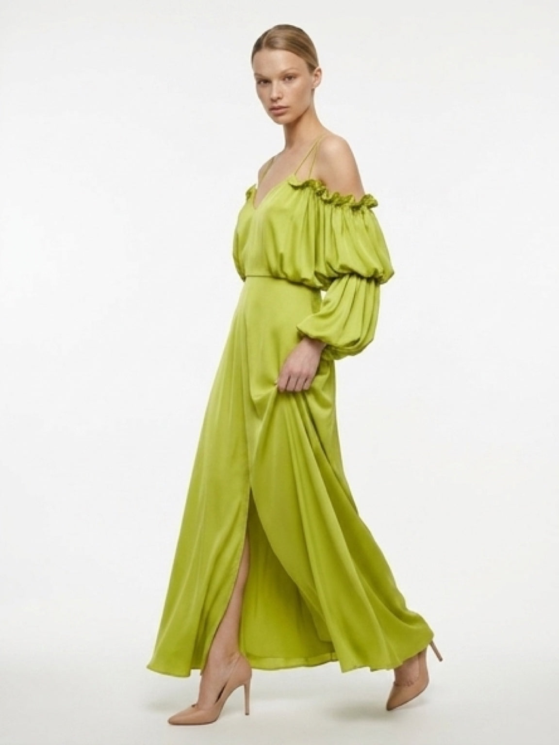 Lime Silk Off-Shoulder Gown