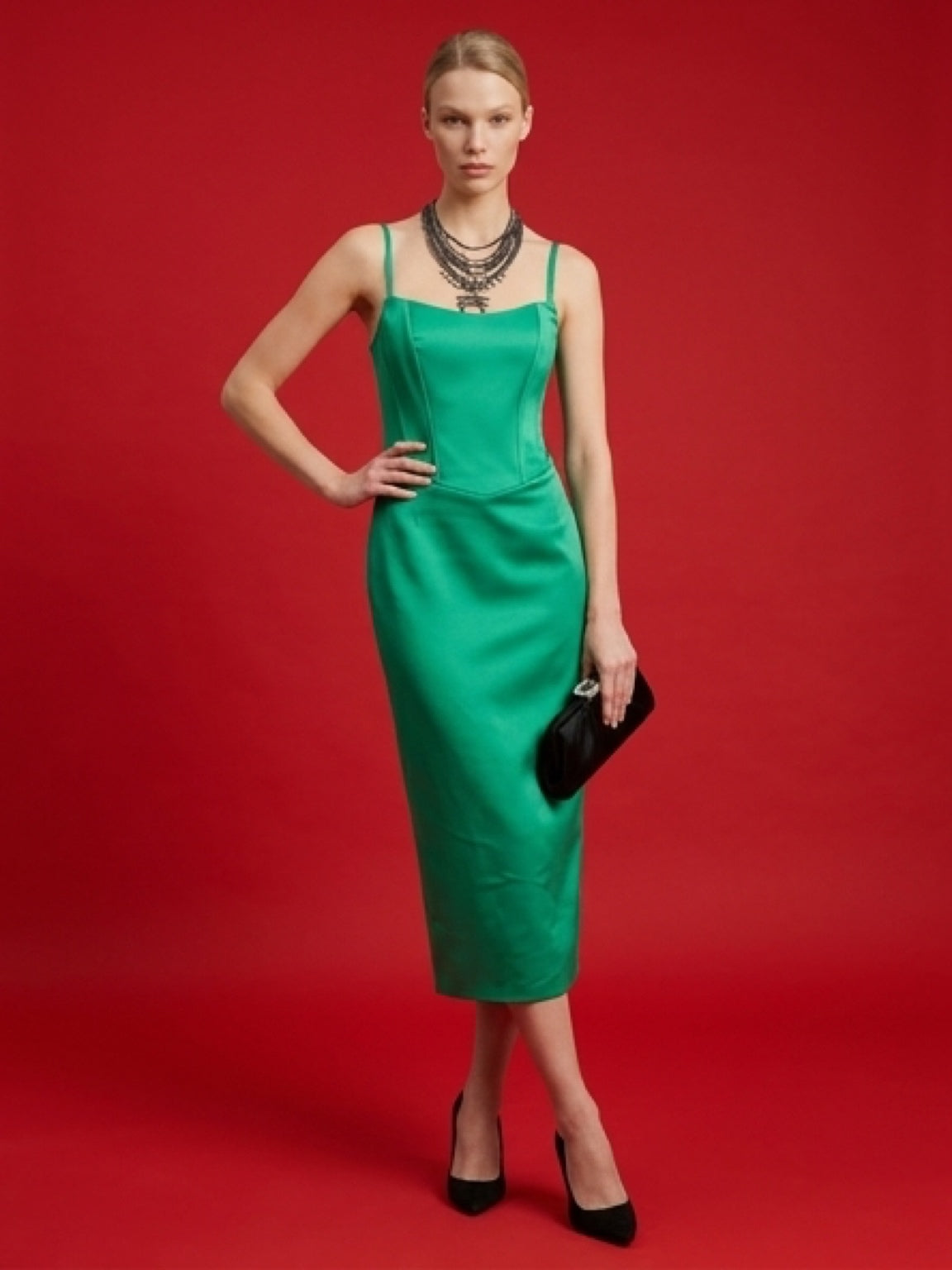 Sculpted Emerald Satin Dress