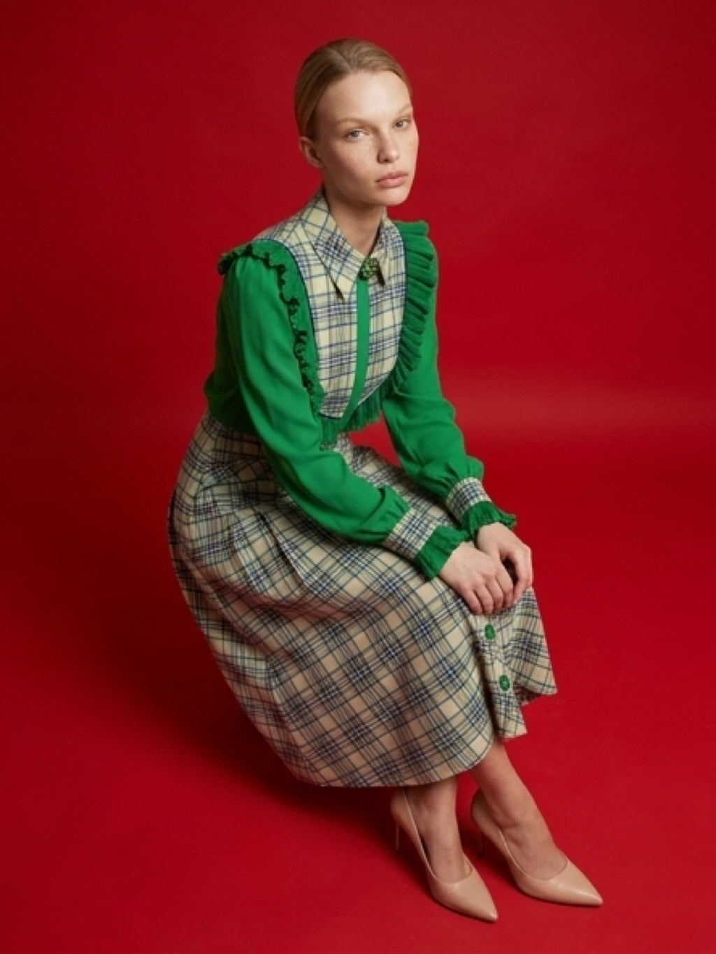 Luxury Vintage Plaid Two-Piece Set – Ruffle Blouse & Midi Skirt