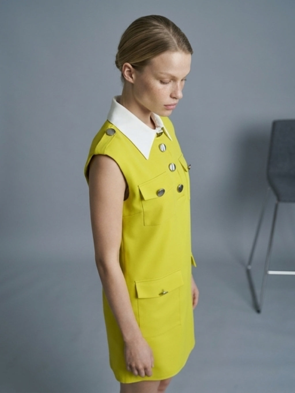 فستان ميني أنيق بأزرار معدنية وجيوب – Lime Green