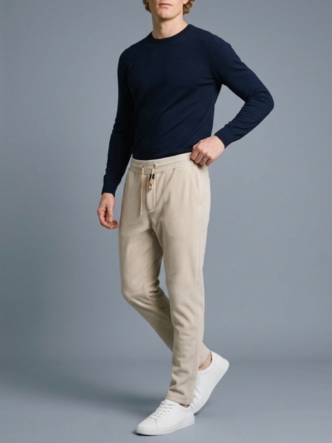 بنطلون رجالي كوردروي ناعم بيج – قصة مريحة بخصر مطاطي ورباط Adjustable Corduroy Pants