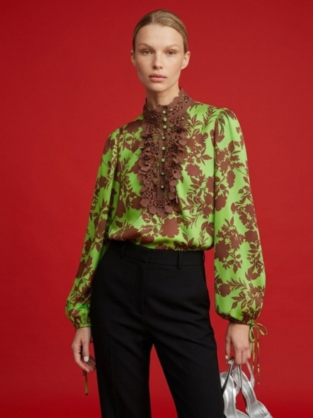 Floral Lace Detail Blouse – Green & Brown