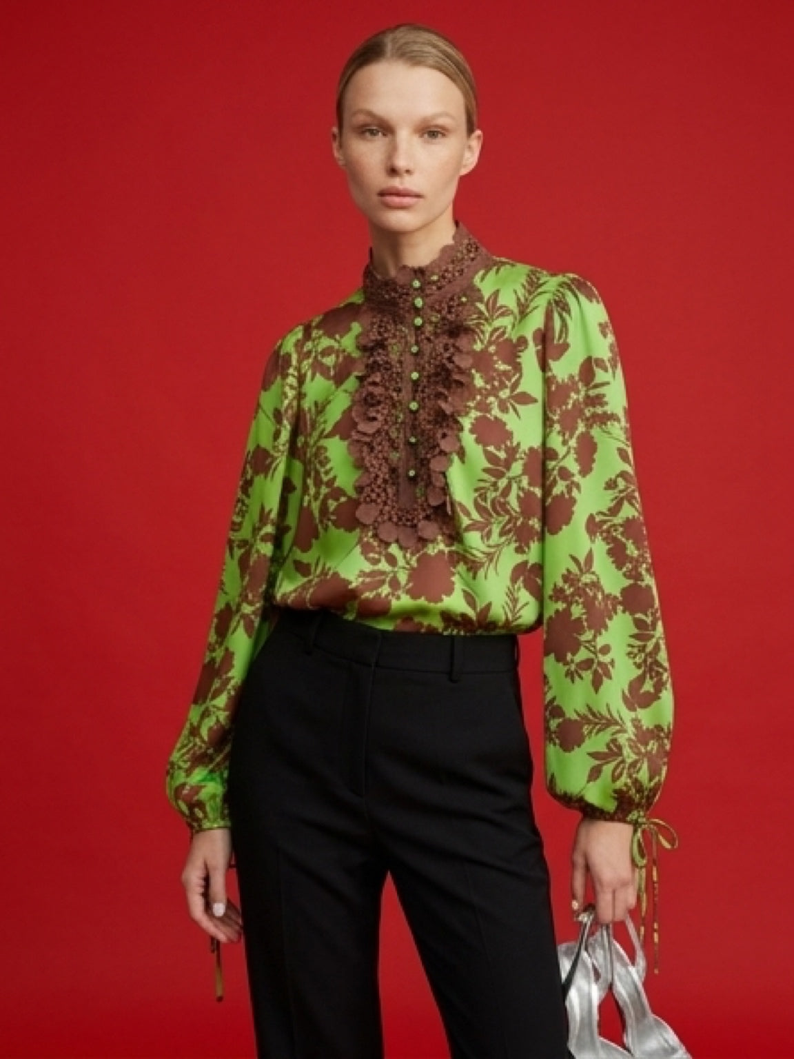 Floral Lace Detail Blouse – Green & Brown