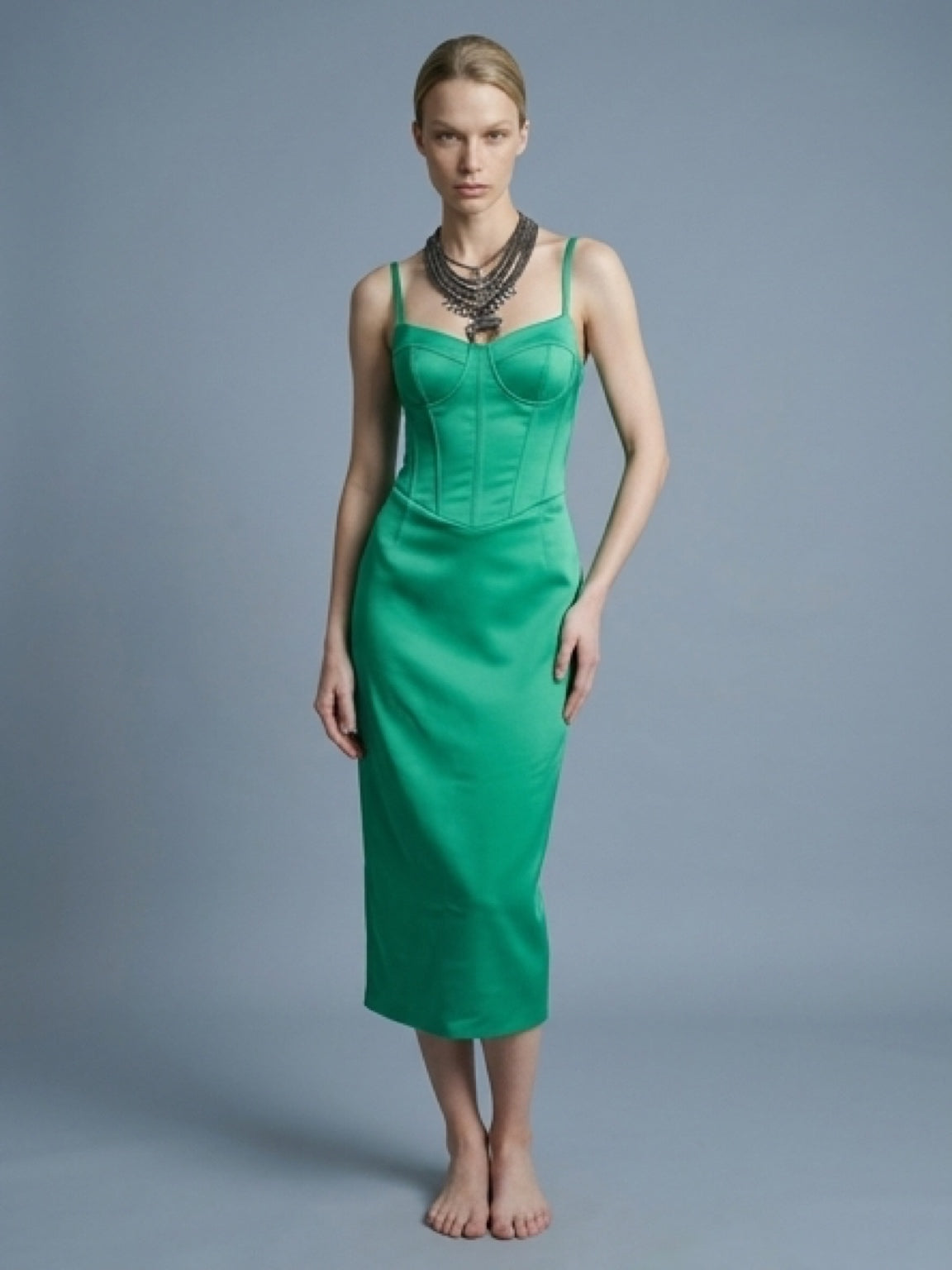 Sculpted Emerald Satin Dress