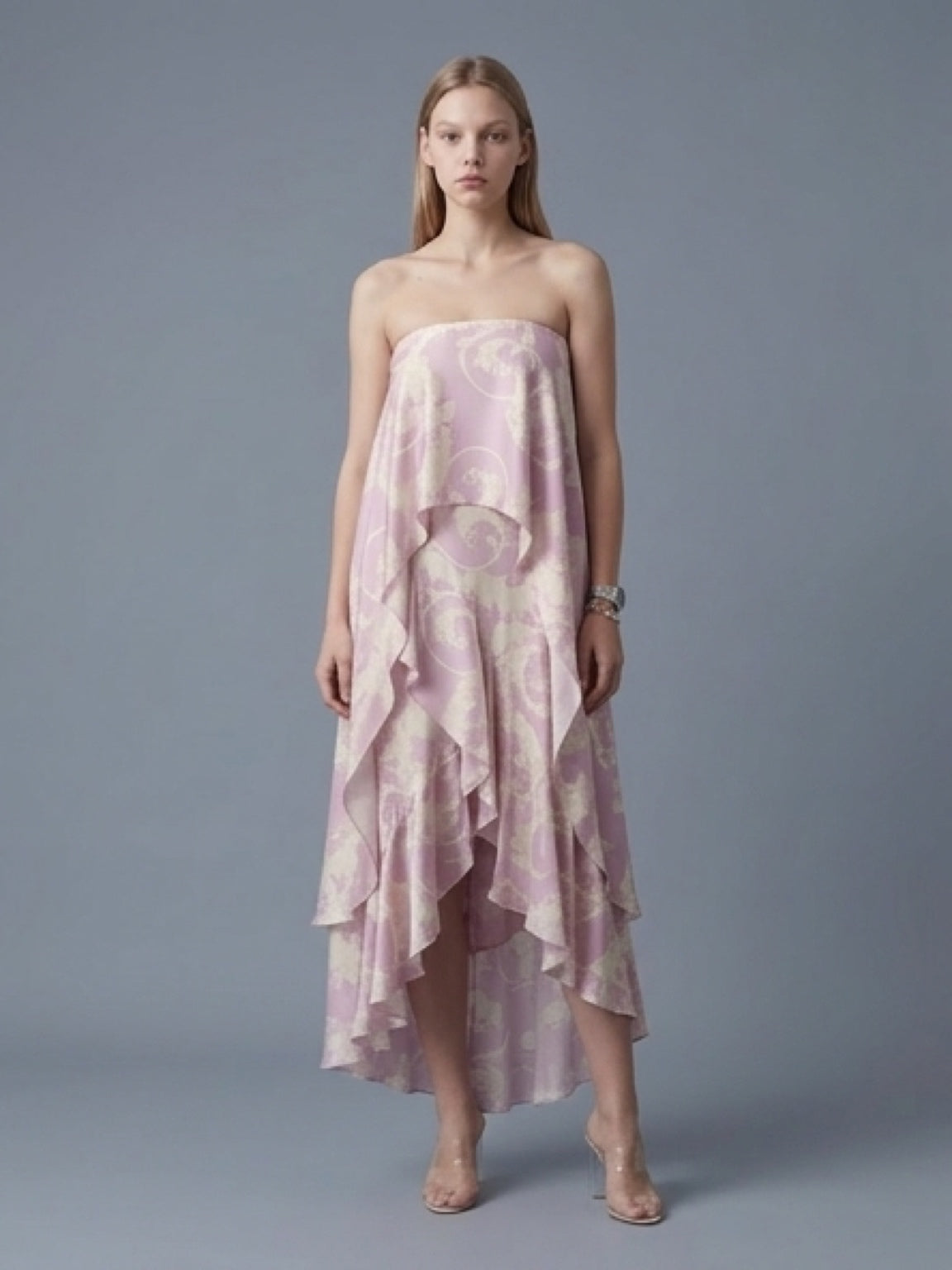 Blush Pink Draped Strapless Dress – Asymmetric Layered Design