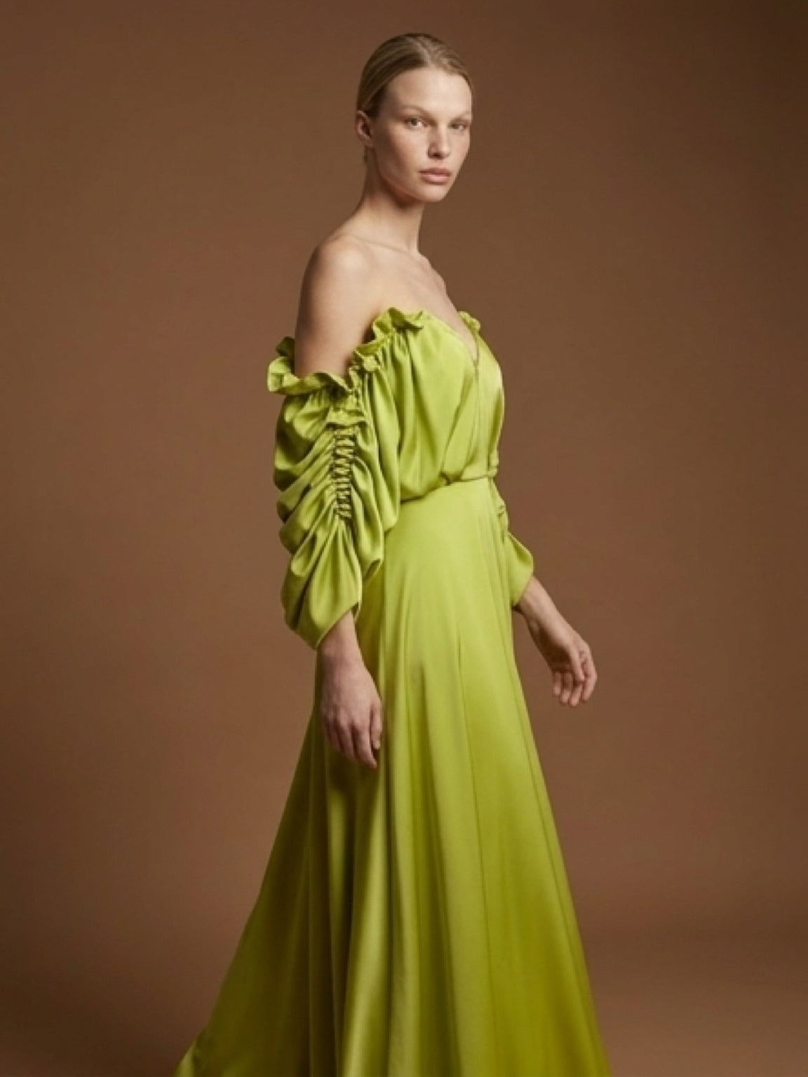 Lime Silk Off-Shoulder Gown