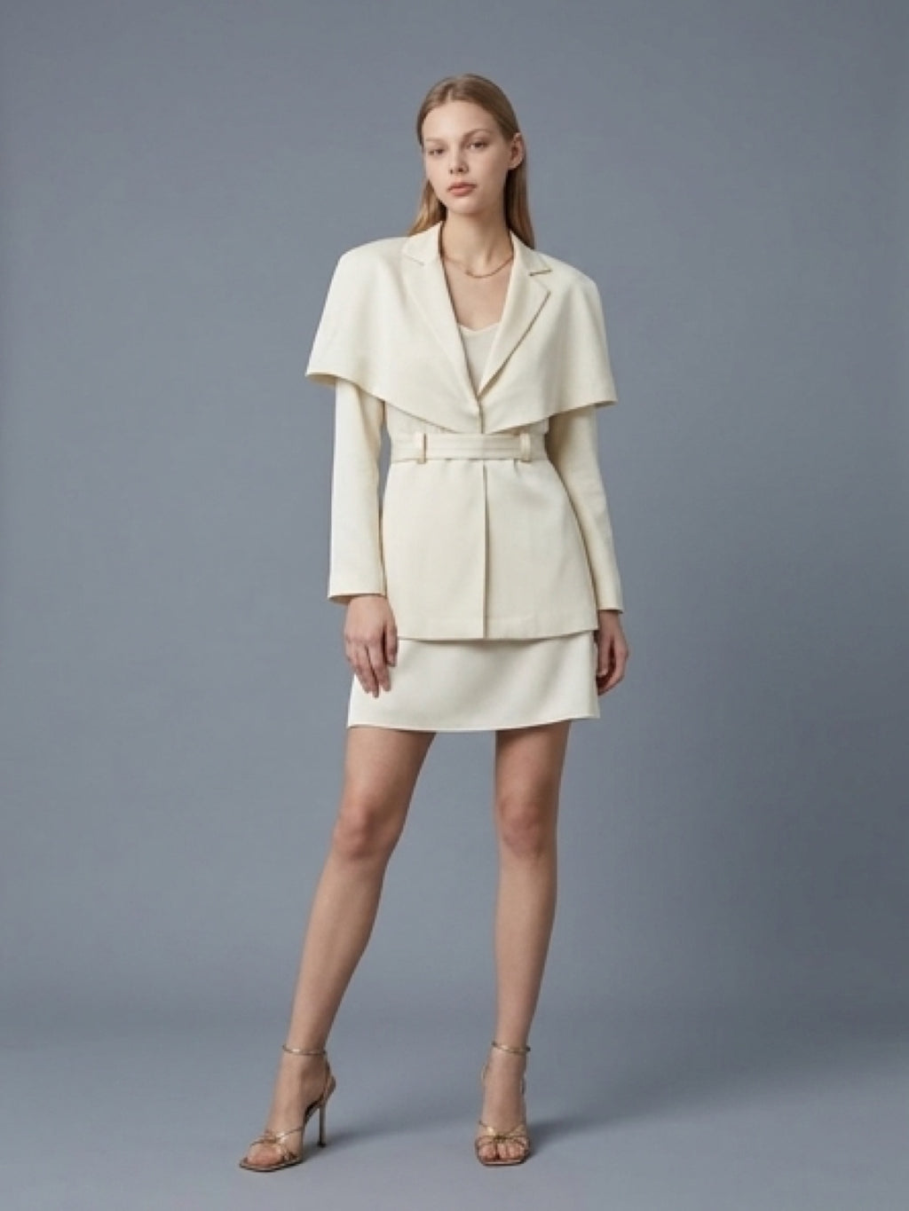 Elegant Ivory Blazer & Mini Skirt Set – Structured Chic Look