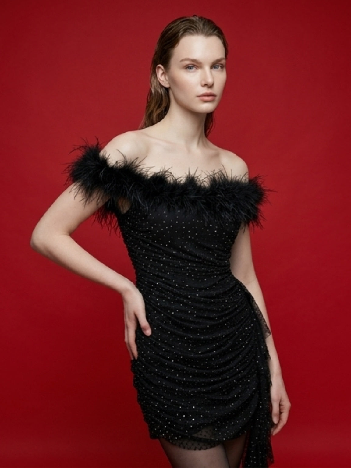 Black Luxury Feather Mini Dress – Elegant Night Look