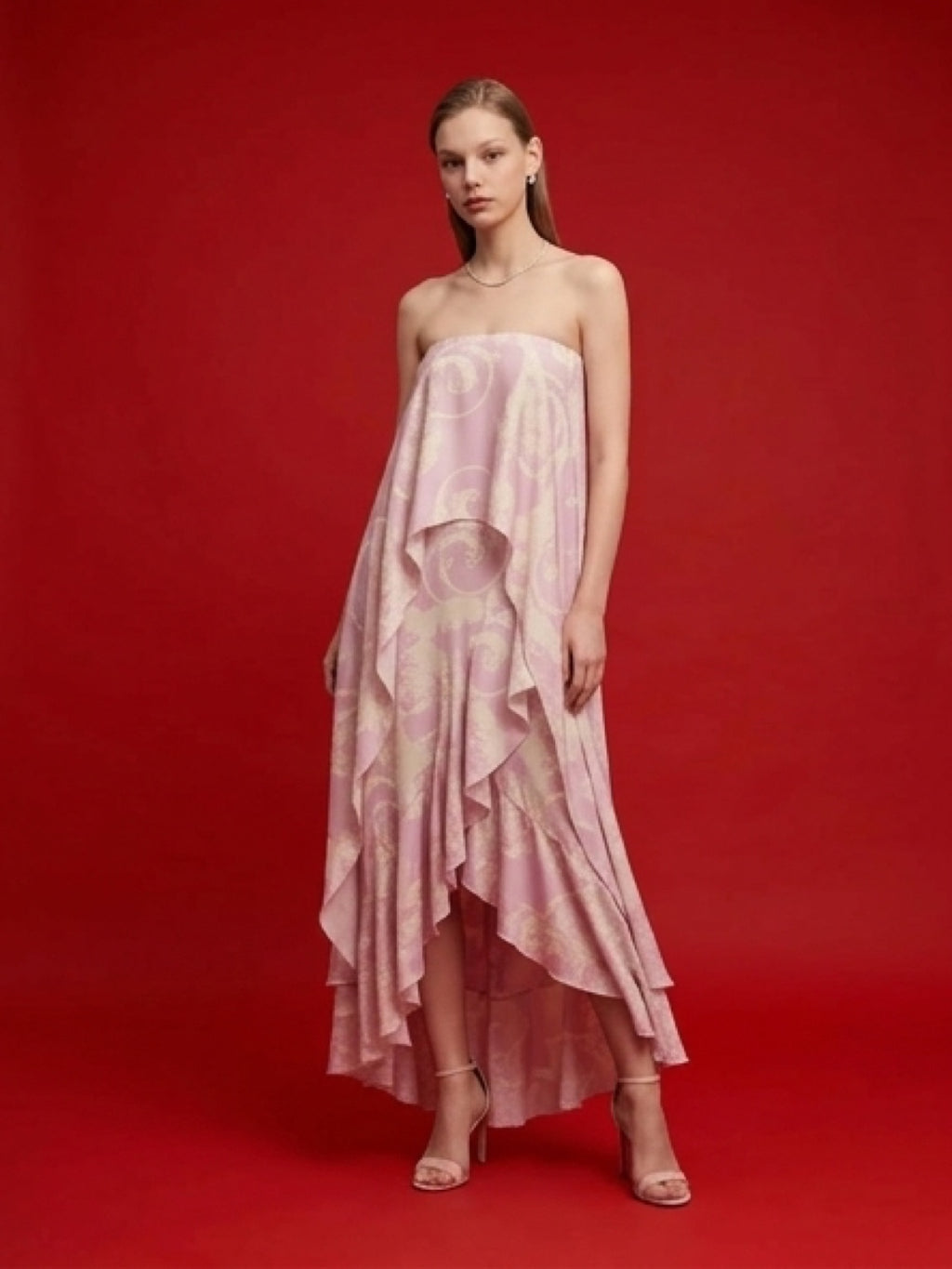 Blush Pink Draped Strapless Dress – Asymmetric Layered Design