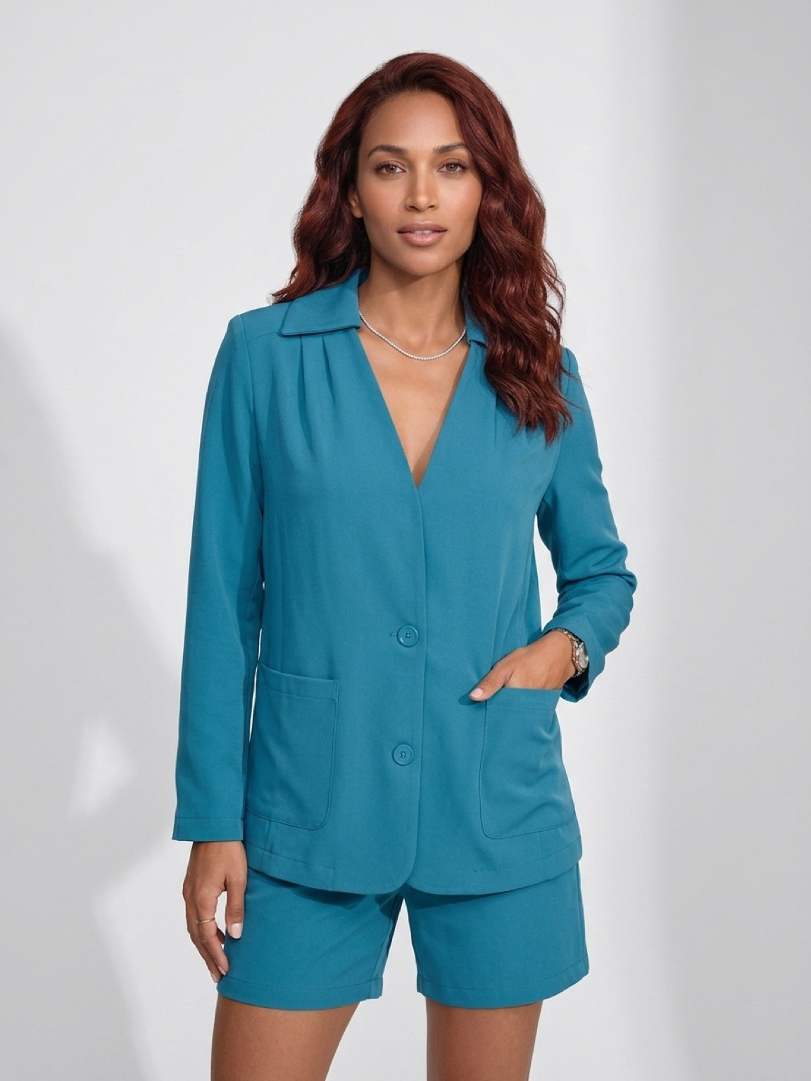 Teal Blazer & Shorts Set – Smart Casual Chic
