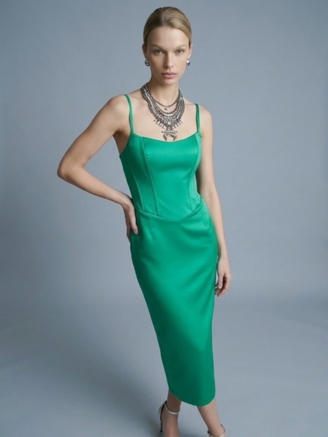 Sculpted Emerald Satin Dress