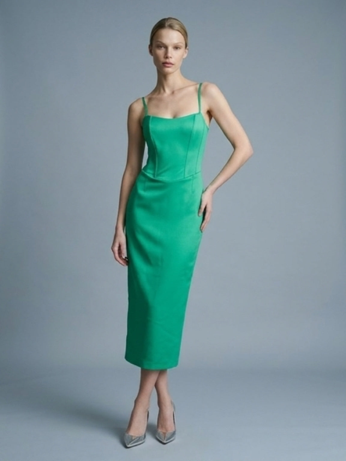 Sculpted Emerald Satin Dress