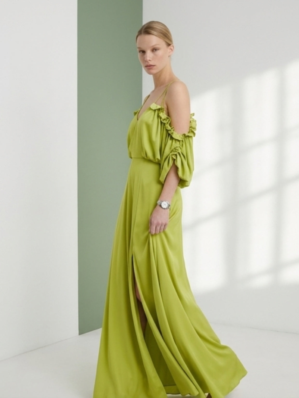Lime Silk Off-Shoulder Gown